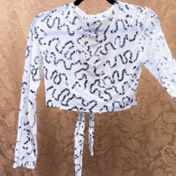 Sequin Tie-Front Sheer Creme Crop Top - Picture 10 of 12